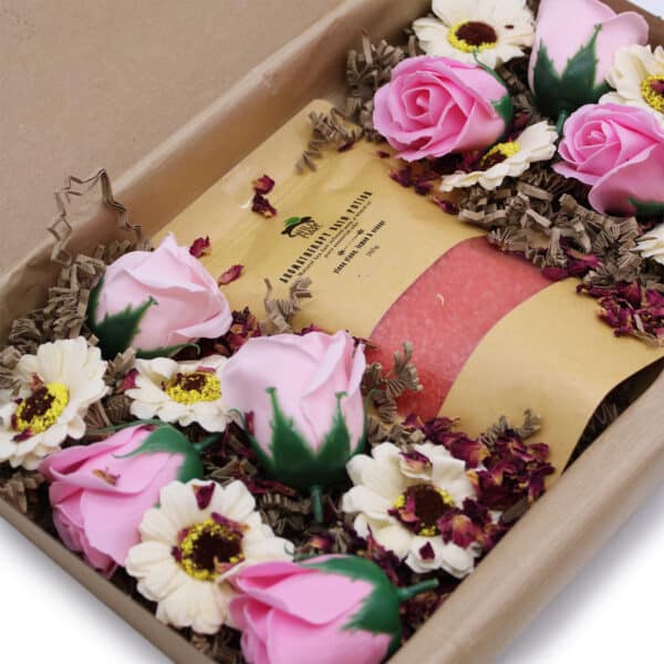 Cadeauset zeepbloemen roze